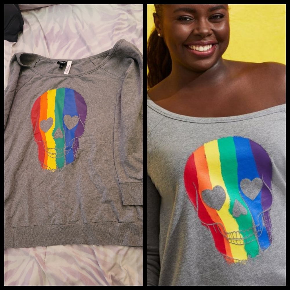 Celebrate Love Off-Shoulder Sweatshirt - Rainbow Skull Grey
